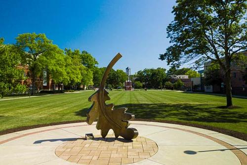 Image of the artwork on campus depicting an oak leaf which holds tradition and value on MU Campus.